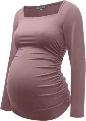 GINKANA Maternity Shirts Square Neck Slim Fit Tee Top Pregnancy Basic Long Sleeve Shirt for Daily Wear