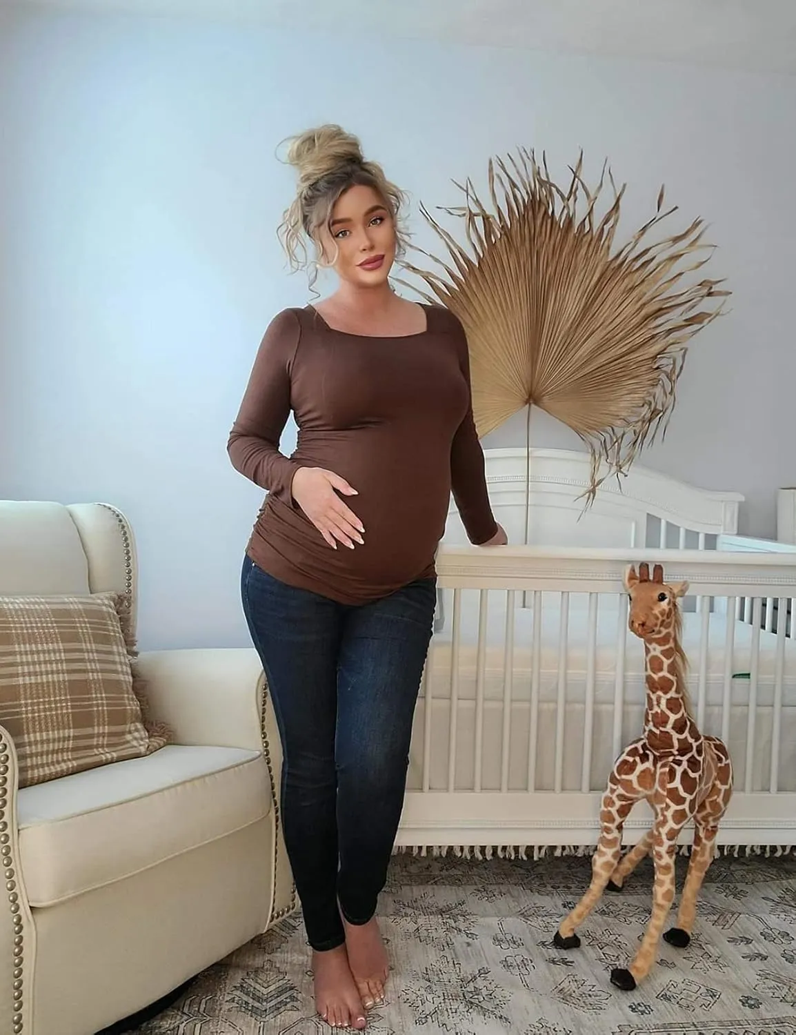GINKANA Maternity Shirts Square Neck Slim Fit Tee Top Pregnancy Basic Long Sleeve Shirt for Daily Wear