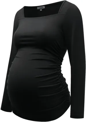 GINKANA Maternity Shirts Square Neck Slim Fit Tee Top Pregnancy Basic Long Sleeve Shirt for Daily Wear