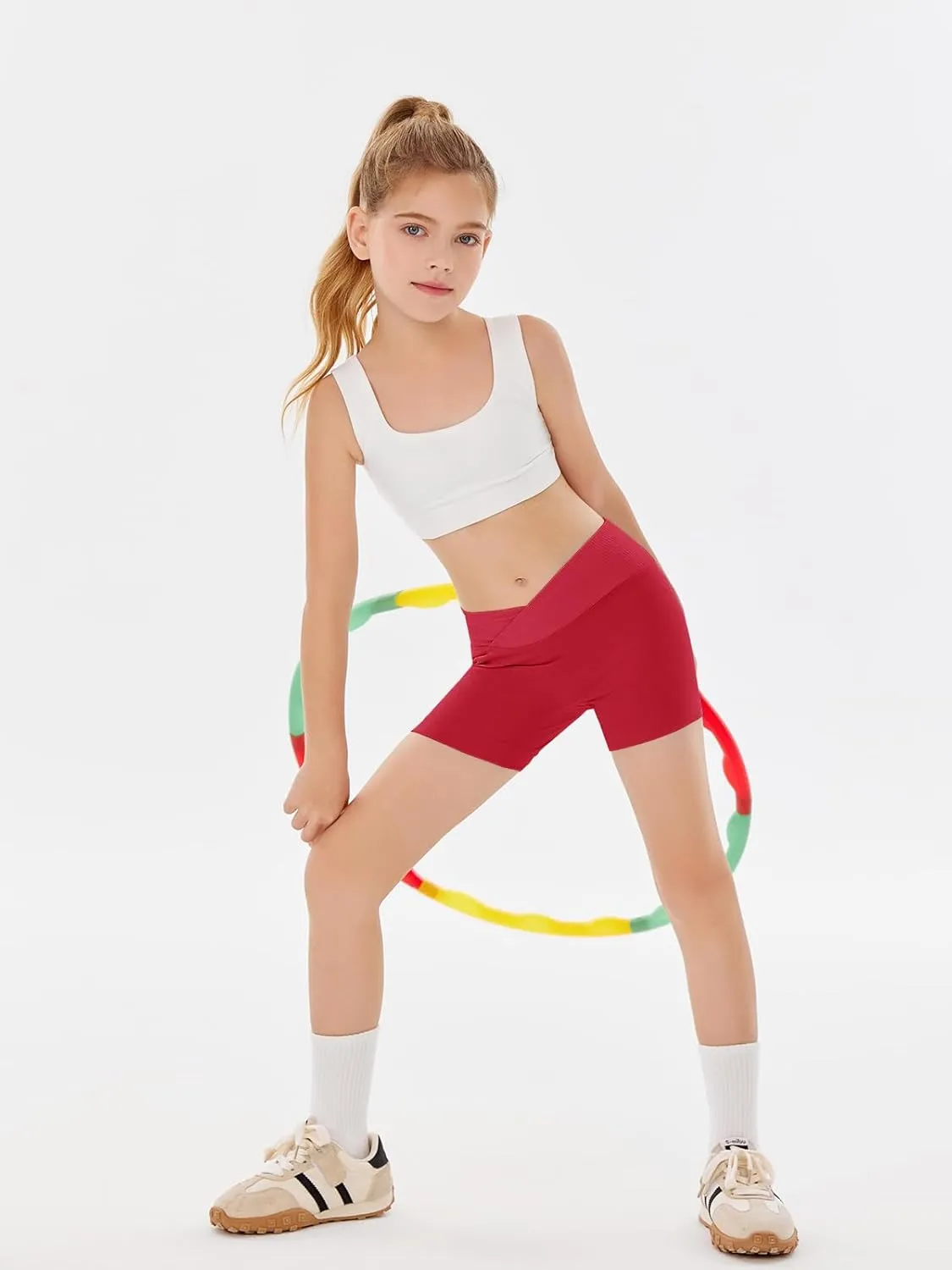 Girls Athletic Shorts Slim Tummy Control V Cross Waist Short Leggings Bike Dance Gymnastics Shorts