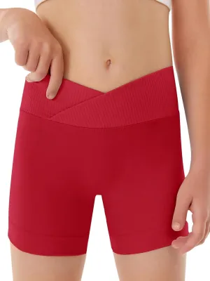 Girls Athletic Shorts Slim Tummy Control V Cross Waist Short Leggings Bike Dance Gymnastics Shorts