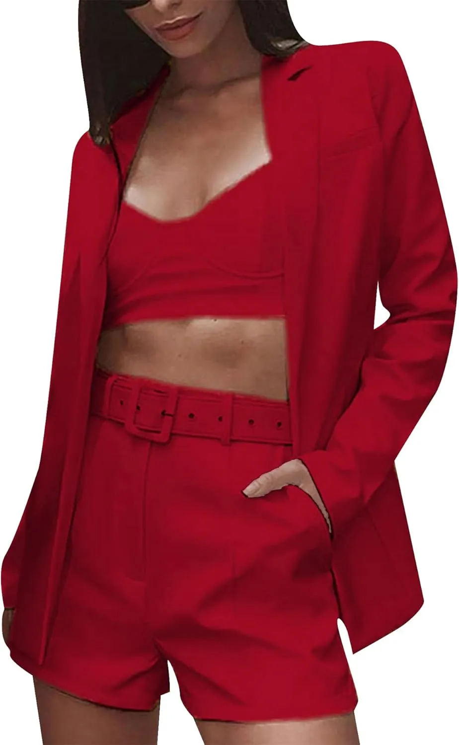 GORIFE Women's 2 Piece Open Front Suit Long Sleeve Slim Fit Blazer High Waist Solid Shorts Suit Sets