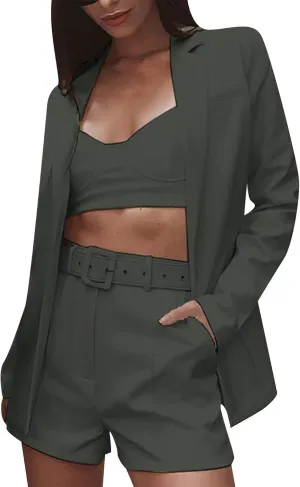 GORIFE Women's 2 Piece Open Front Suit Long Sleeve Slim Fit Blazer High Waist Solid Shorts Suit Sets