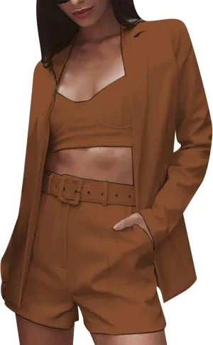 GORIFE Women's 2 Piece Open Front Suit Long Sleeve Slim Fit Blazer High Waist Solid Shorts Suit Sets