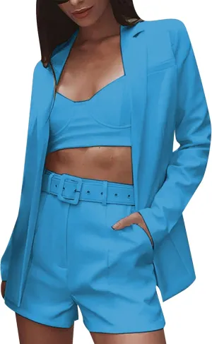 GORIFE Women's 2 Piece Open Front Suit Long Sleeve Slim Fit Blazer High Waist Solid Shorts Suit Sets