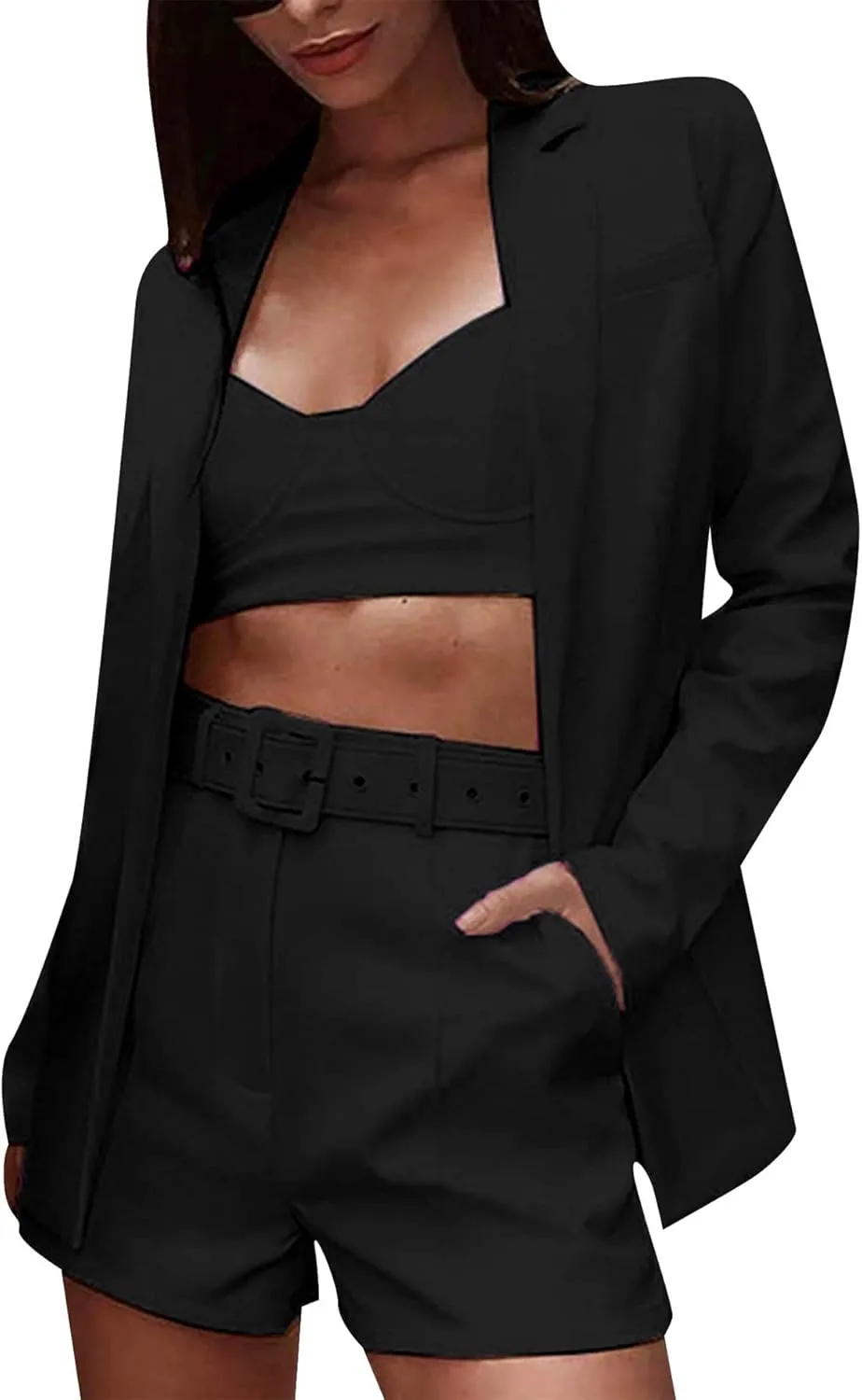 GORIFE Women's 2 Piece Open Front Suit Long Sleeve Slim Fit Blazer High Waist Solid Shorts Suit Sets