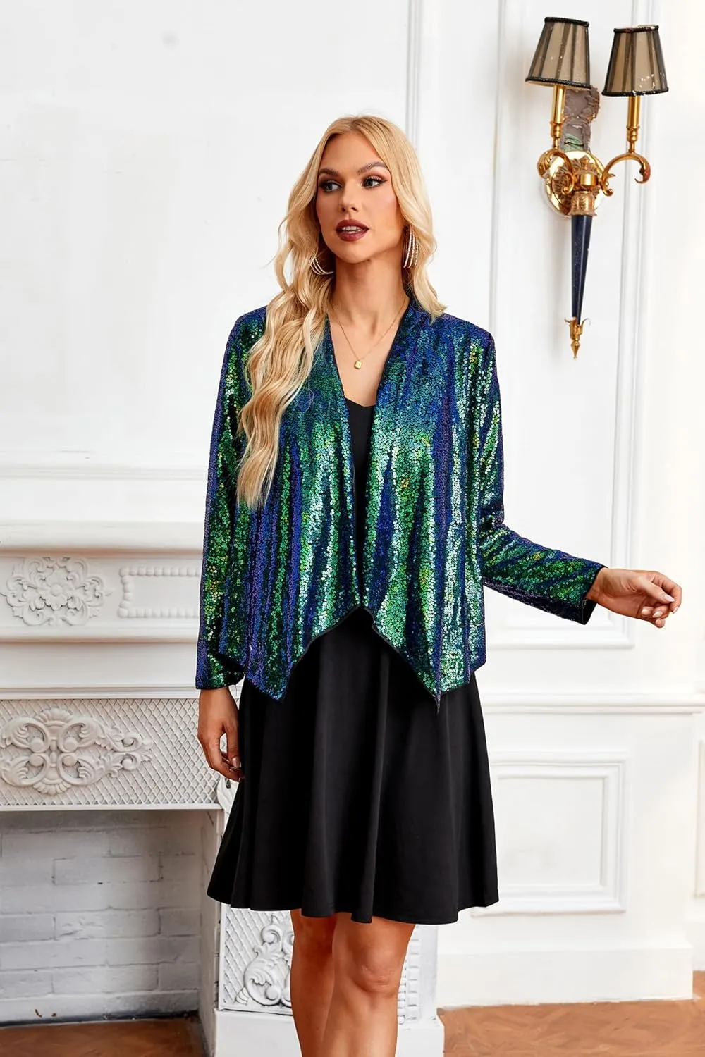 GRACE KARIN Sequin Blazer for Women Sparkly Sequin Jacket Long Sleeve Open Front Sequin Cardigan