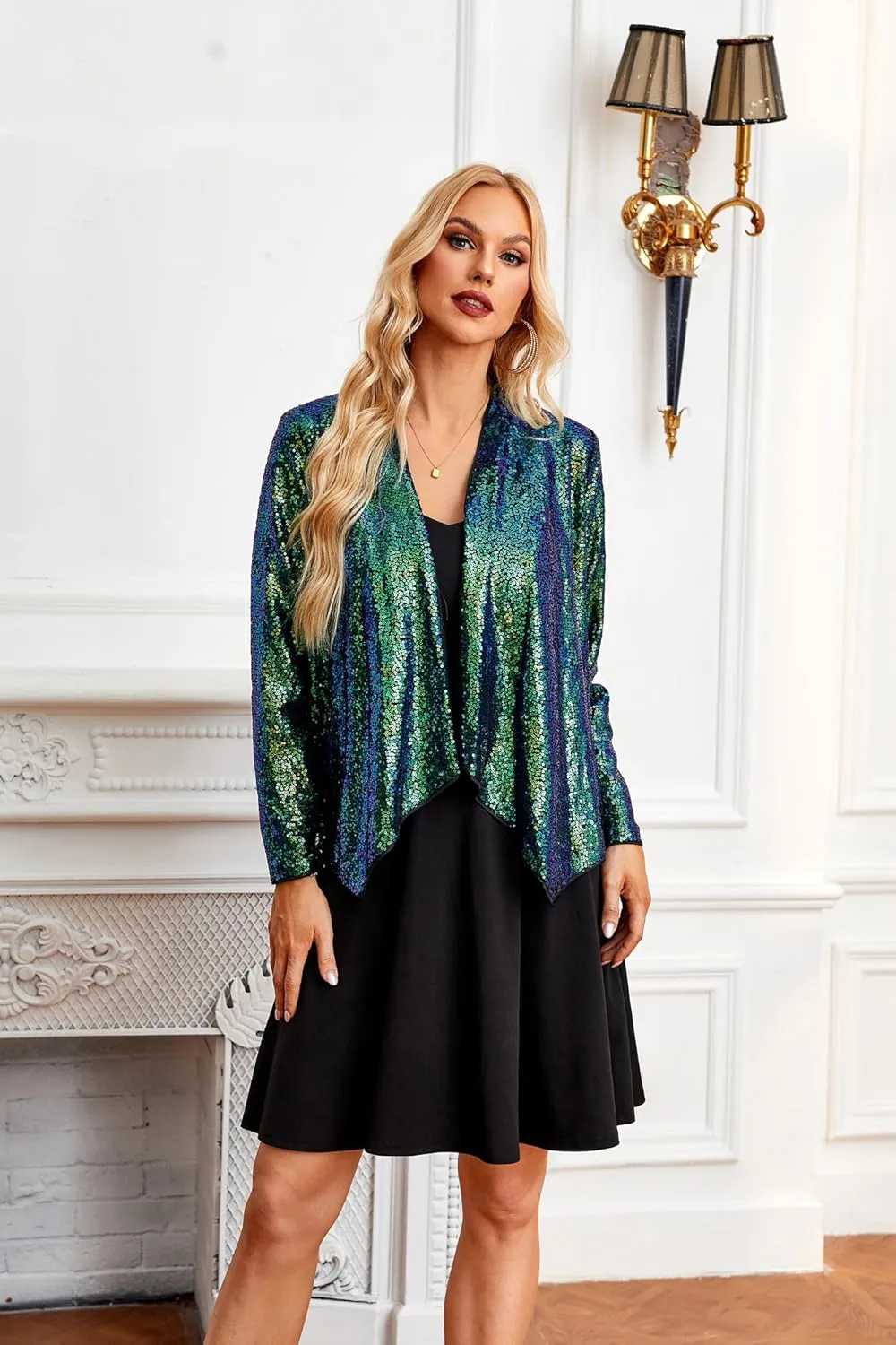 GRACE KARIN Sequin Blazer for Women Sparkly Sequin Jacket Long Sleeve Open Front Sequin Cardigan