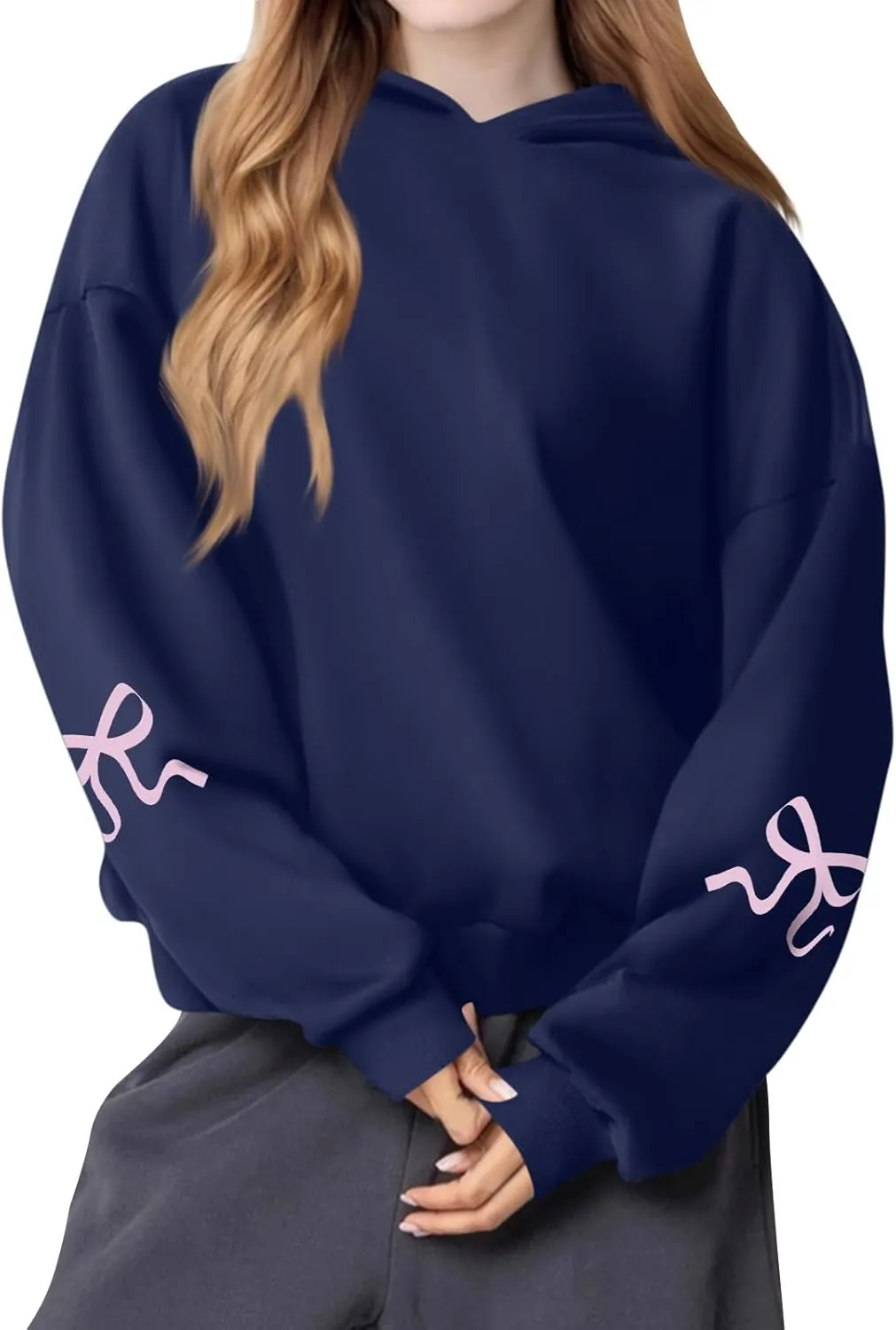 Gumipy Oversized Hoodies for Women Fleece Bow Graphic Hoodies Pullover Trendy Long Sleeve Pullover Tops Loose Fit Hoodie