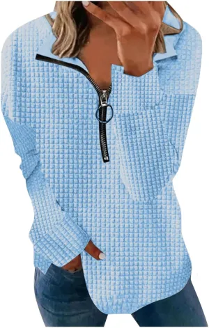 Half Zip Sweatshirt Women 1/2 Zipper Oversized Waffle Quilted Pattern Cropped Pullover Fall Winter Tops