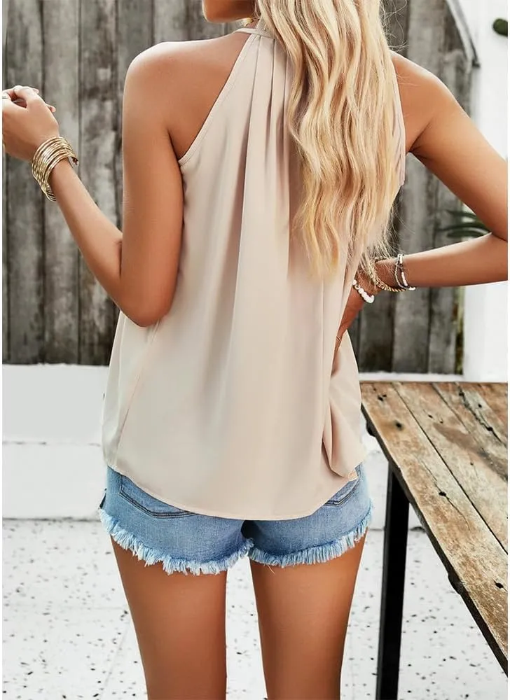 Halter Tops for Women Casual Loose Sleeveless Crewneck Pleated Tops Basic Cute Shirts Summer Tank Tops