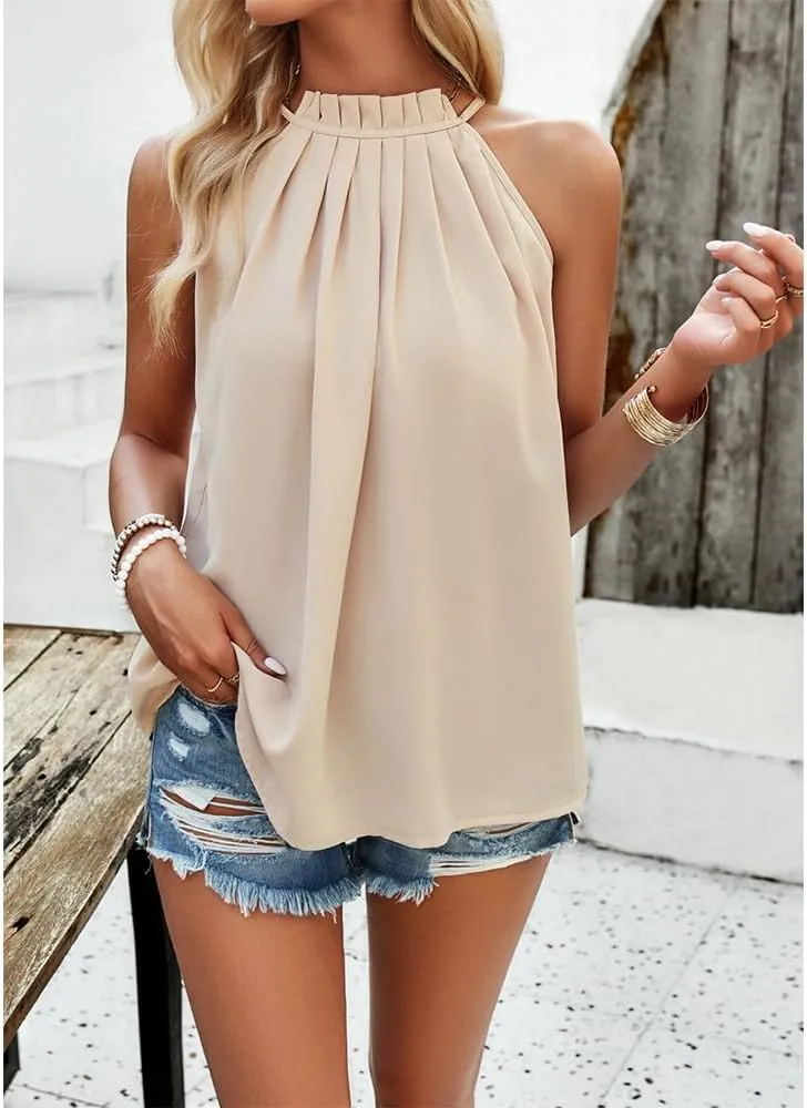 Halter Tops for Women Casual Loose Sleeveless Crewneck Pleated Tops Basic Cute Shirts Summer Tank Tops