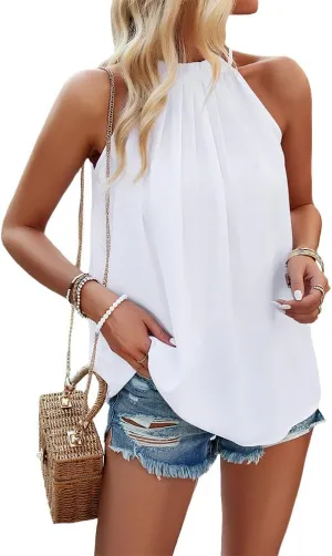 Halter Tops for Women Casual Loose Sleeveless Crewneck Pleated Tops Basic Cute Shirts Summer Tank Tops