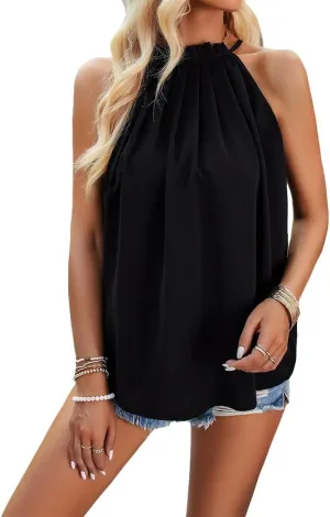 Halter Tops for Women Casual Loose Sleeveless Crewneck Pleated Tops Basic Cute Shirts Summer Tank Tops