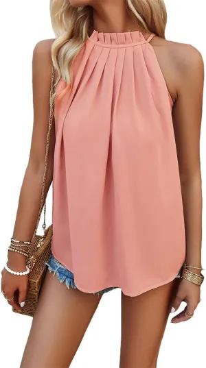 Halter Tops for Women Casual Loose Sleeveless Crewneck Pleated Tops Basic Cute Shirts Summer Tank Tops