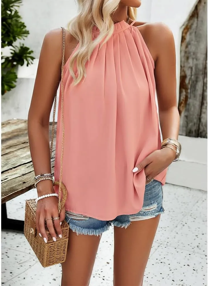 Halter Tops for Women Casual Loose Sleeveless Crewneck Pleated Tops Basic Cute Shirts Summer Tank Tops