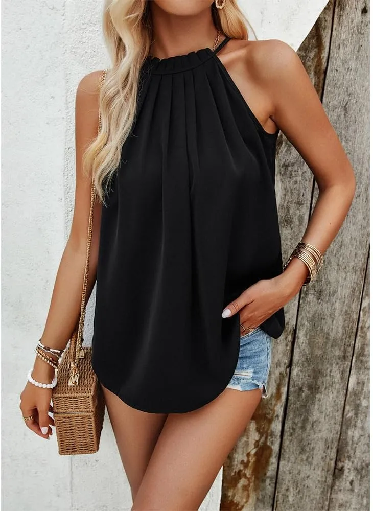 Halter Tops for Women Casual Loose Sleeveless Crewneck Pleated Tops Basic Cute Shirts Summer Tank Tops