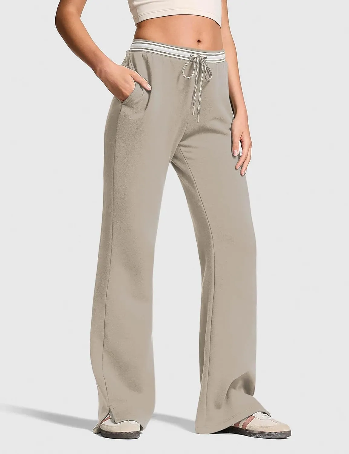 HeSaYep Women's Fleece Lined Sweatpants Winter Warm High Waisted Trousers Split Hem Flare Sweat Pants with Pockets