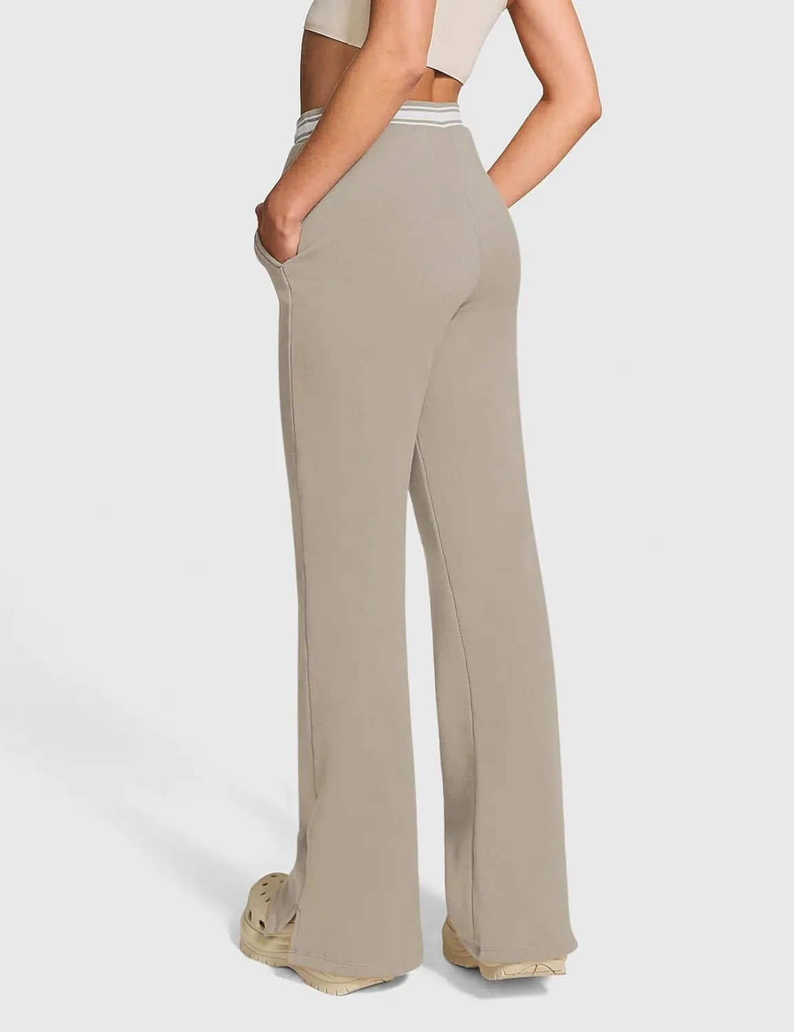 HeSaYep Women's Fleece Lined Sweatpants Winter Warm High Waisted Trousers Split Hem Flare Sweat Pants with Pockets