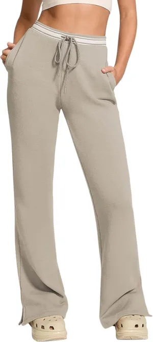 HeSaYep Women's Fleece Lined Sweatpants Winter Warm High Waisted Trousers Split Hem Flare Sweat Pants with Pockets