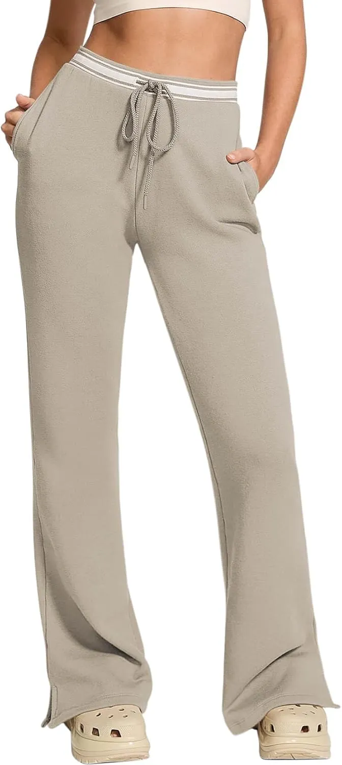 HeSaYep Women's Fleece Lined Sweatpants Winter Warm High Waisted Trousers Split Hem Flare Sweat Pants with Pockets