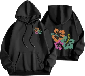 Hibiscus Flower Hoodie for Women Floral Pullover Sweatshirt Casual Oversized Hooded Top Pocket Streetwear Fall Fashion