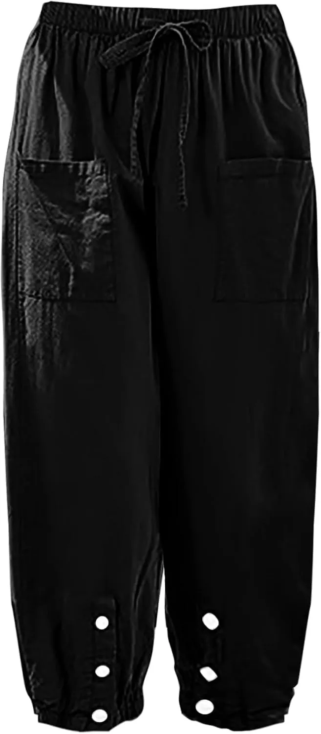 High Rise Linen Pants Women Summer Womens Linen Pant Long Length Tall Womans Drawstring Capris Trousers