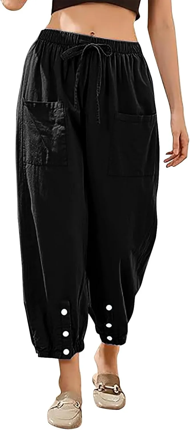 High Rise Linen Pants Women Summer Womens Linen Pant Long Length Tall Womans Drawstring Capris Trousers