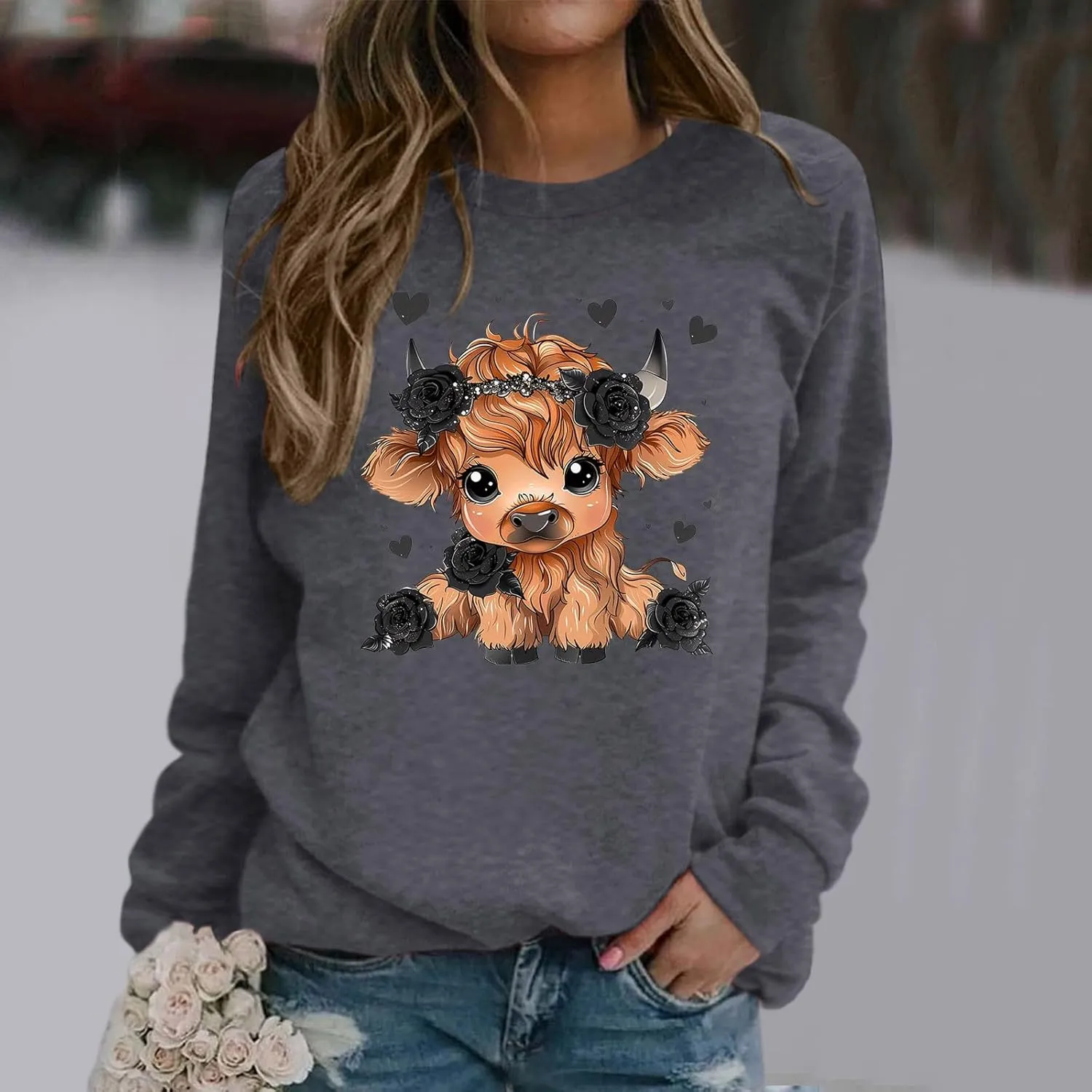 Highland Cow Sweatshirts for Women Funny Cute Casusl Loose Hoodies Western Cow Print Shirt Country Western Sweatshirt
