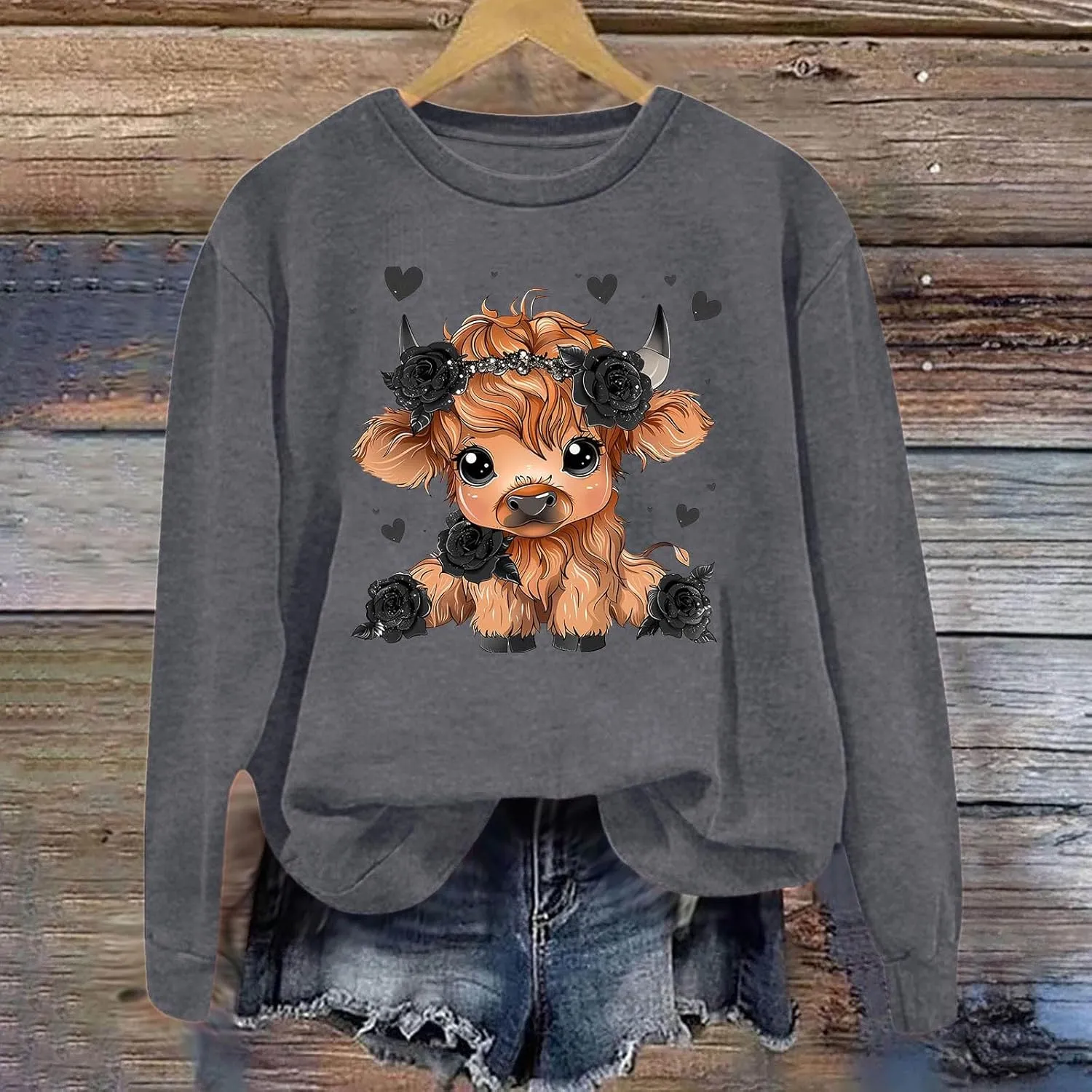 Highland Cow Sweatshirts for Women Funny Cute Casusl Loose Hoodies Western Cow Print Shirt Country Western Sweatshirt