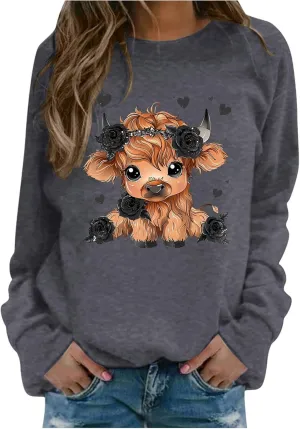 Highland Cow Sweatshirts for Women Funny Cute Casusl Loose Hoodies Western Cow Print Shirt Country Western Sweatshirt