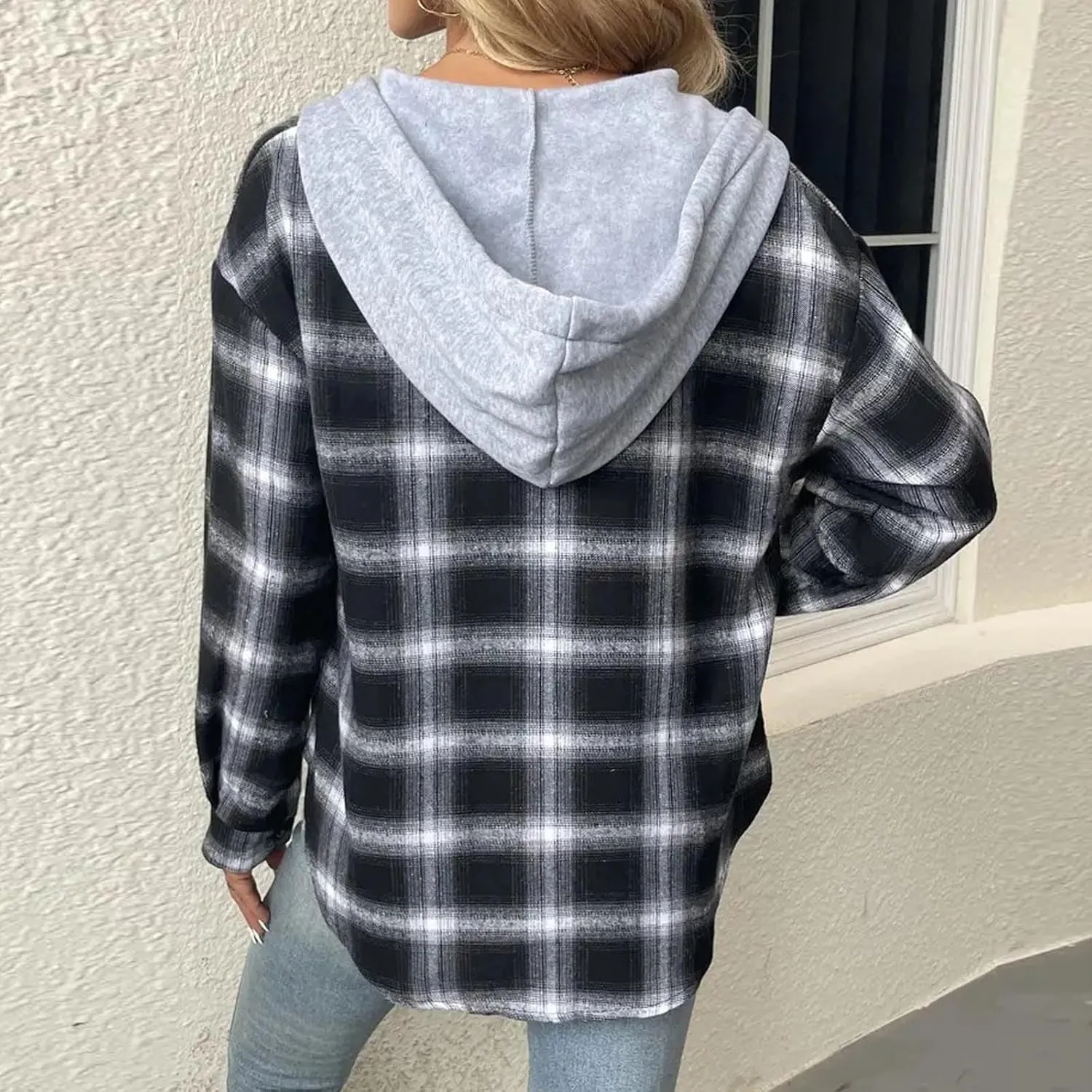 Hooded Flannel Shirts for Women Plaid Shacket Jacket Button Down Long Sleeve Brushed Plaid Shirts Hoodie Coats