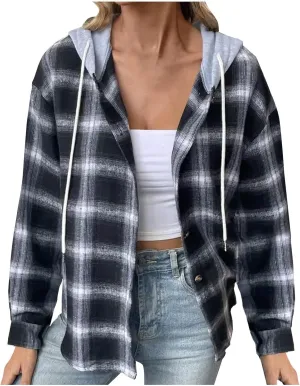 Hooded Flannel Shirts for Women Plaid Shacket Jacket Button Down Long Sleeve Brushed Plaid Shirts Hoodie Coats