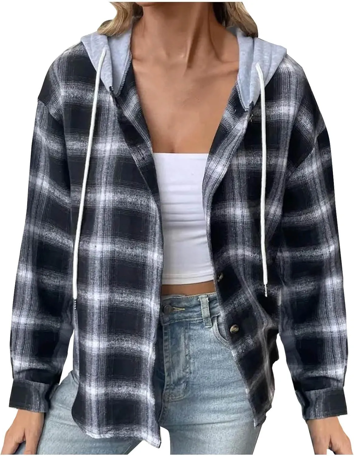 Hooded Flannel Shirts for Women Plaid Shacket Jacket Button Down Long Sleeve Brushed Plaid Shirts Hoodie Coats