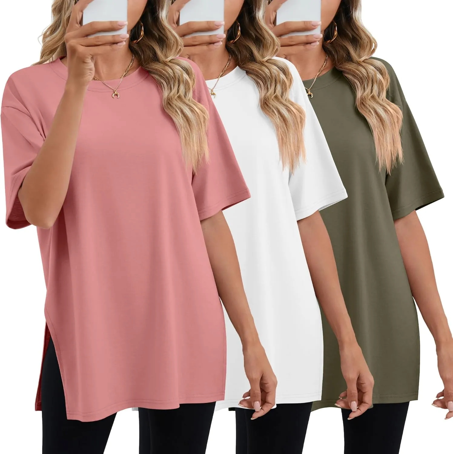 Huukeay 3 Pack Women's Oversized Gym T Shirts Cotton Short Sleeve Side Split Crewneck Tops Casual Workout Baggy Basic Tee