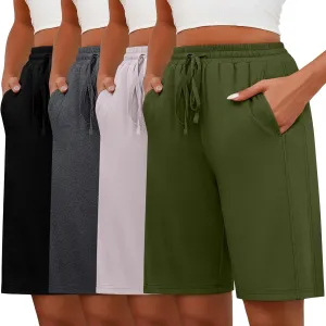 Huukeay 4 Pack Bermuda Shorts for Women Drawstring Elastic Waist Sweat Cotton Wide Leg Long Shorts