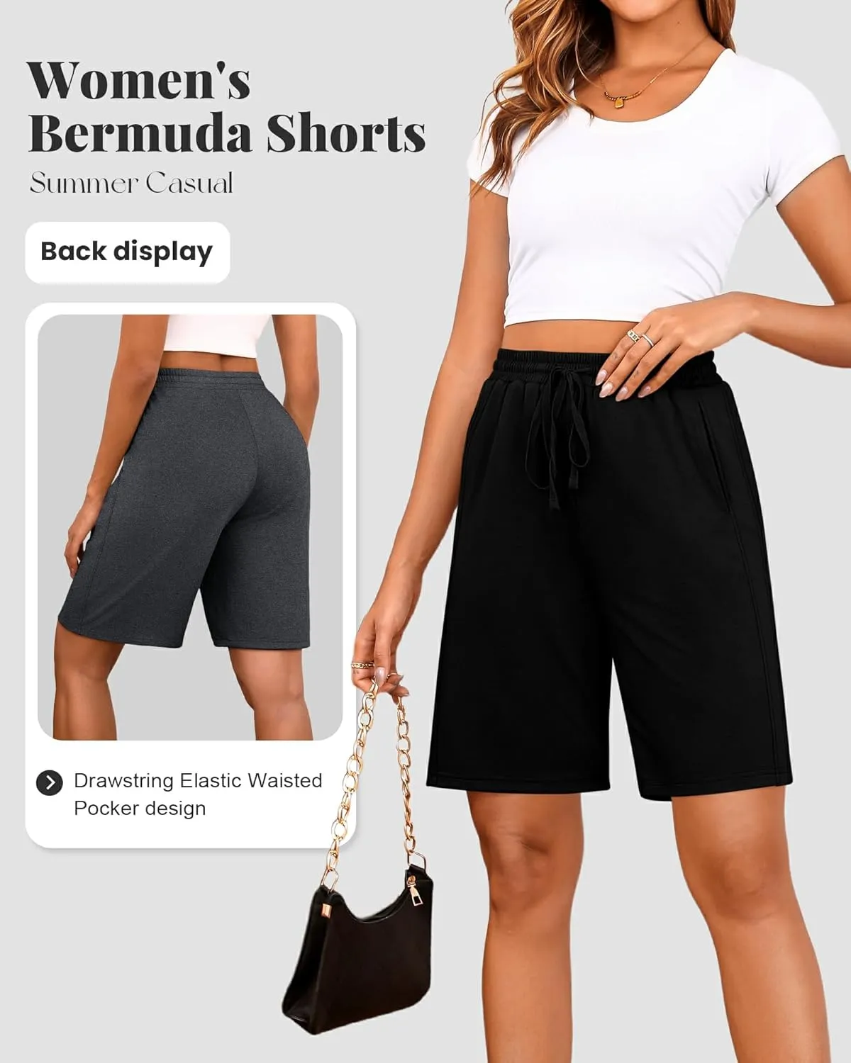 Huukeay 4 Pack Bermuda Shorts for Women Drawstring Elastic Waist Sweat Cotton Wide Leg Long Shorts