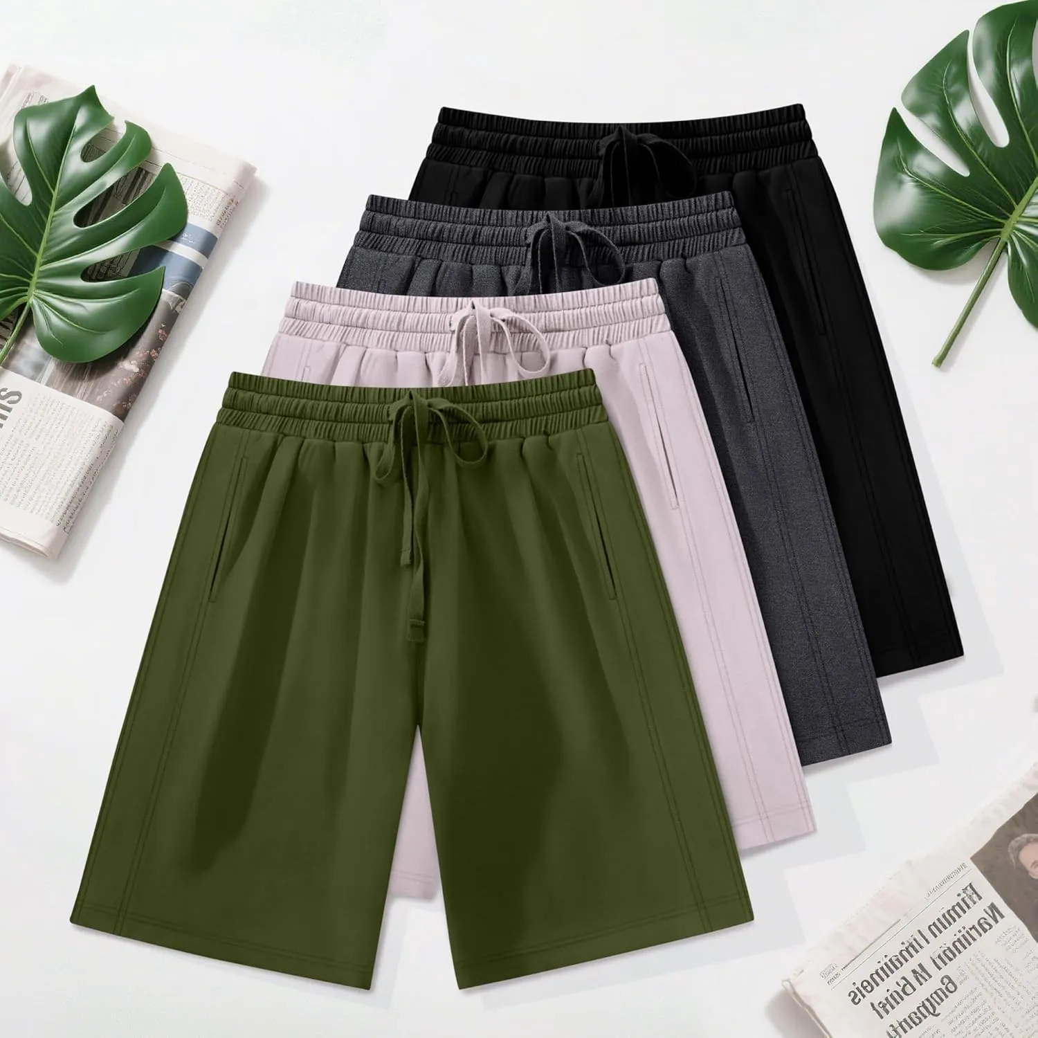 Huukeay 4 Pack Bermuda Shorts for Women Drawstring Elastic Waist Sweat Cotton Wide Leg Long Shorts