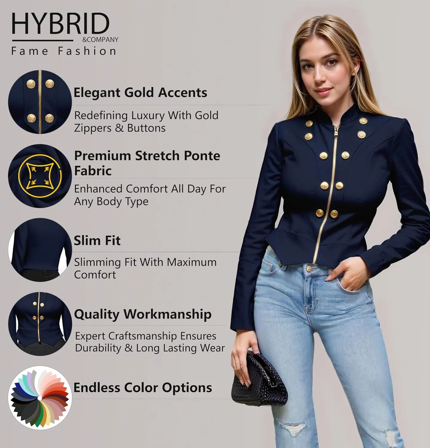 Hybrid & Company Womens Blazer Cropped Ponte Fabric Open Front Zipper Dress Jacket Casual Slim Jacket