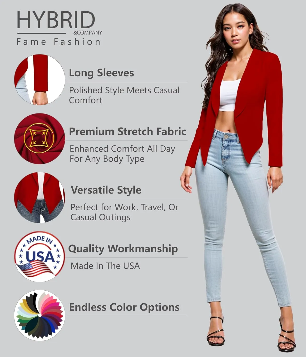 Hybrid & Company Womens Casual Work Office Blazer Open Front Heavy Ponti Shawl Collar Long Sleeve Jacket