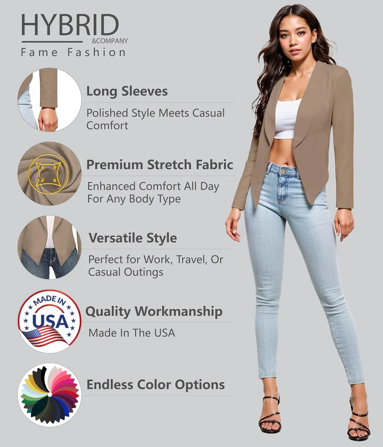 Hybrid & Company Womens Casual Work Office Blazer Open Front Heavy Ponti Shawl Collar Long Sleeve Jacket