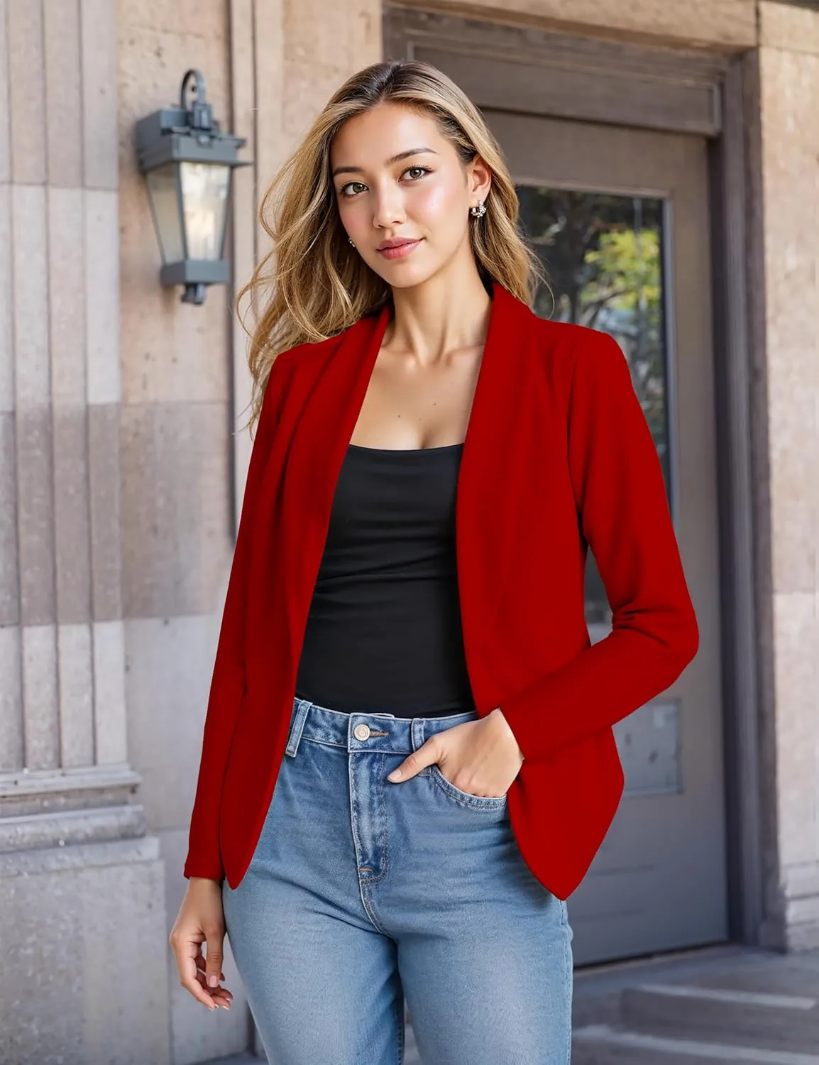 Hybrid & Company Womens Casual Work Office Blazer Open Front Heavy Ponti Shawl Collar Long Sleeve Jacket