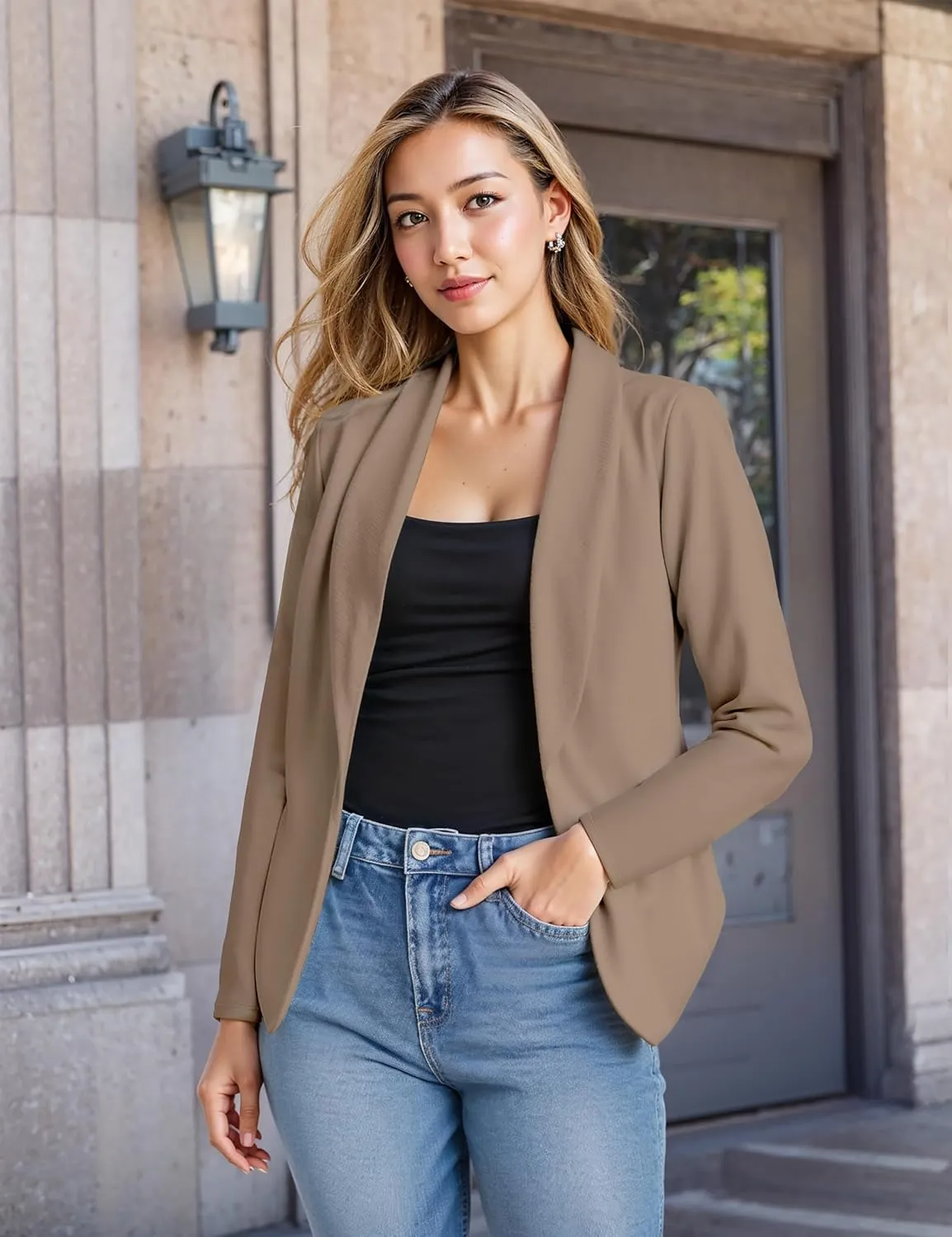 Hybrid & Company Womens Casual Work Office Blazer Open Front Heavy Ponti Shawl Collar Long Sleeve Jacket