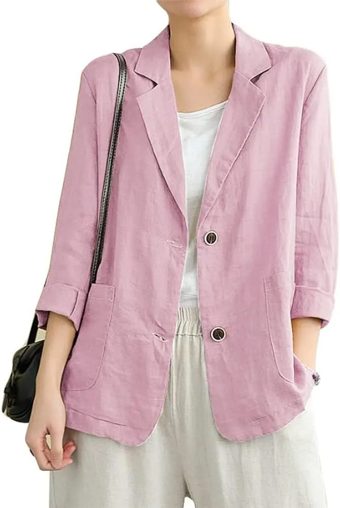 IDEALSANXUN Cotton Linen Blazer for Womens Long Sleeve Loose Casual Blazer Jackets