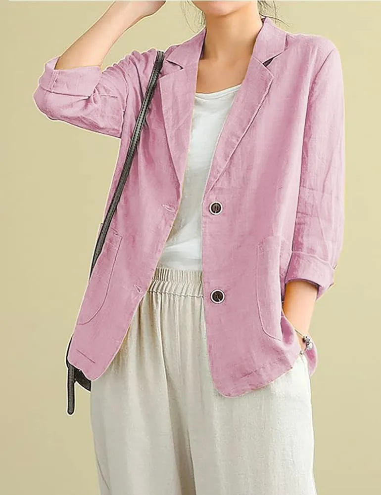 IDEALSANXUN Cotton Linen Blazer for Womens Long Sleeve Loose Casual Blazer Jackets