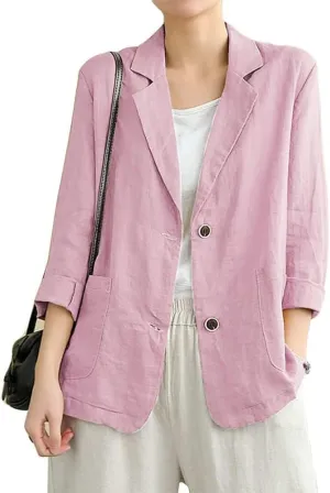IDEALSANXUN Cotton Linen Blazer for Womens Long Sleeve Loose Casual Blazer Jackets