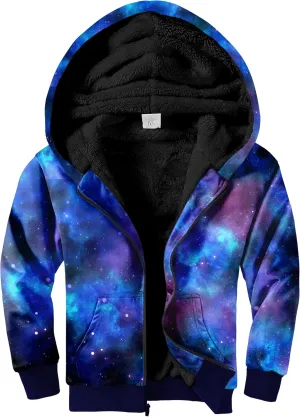 JACKETOWN Kids Fleece Jacket 3D Printed Star Hooded Sweatshirt Full Zipp Up Boys Sherpa Lined Winter Coat 6-15 Years
