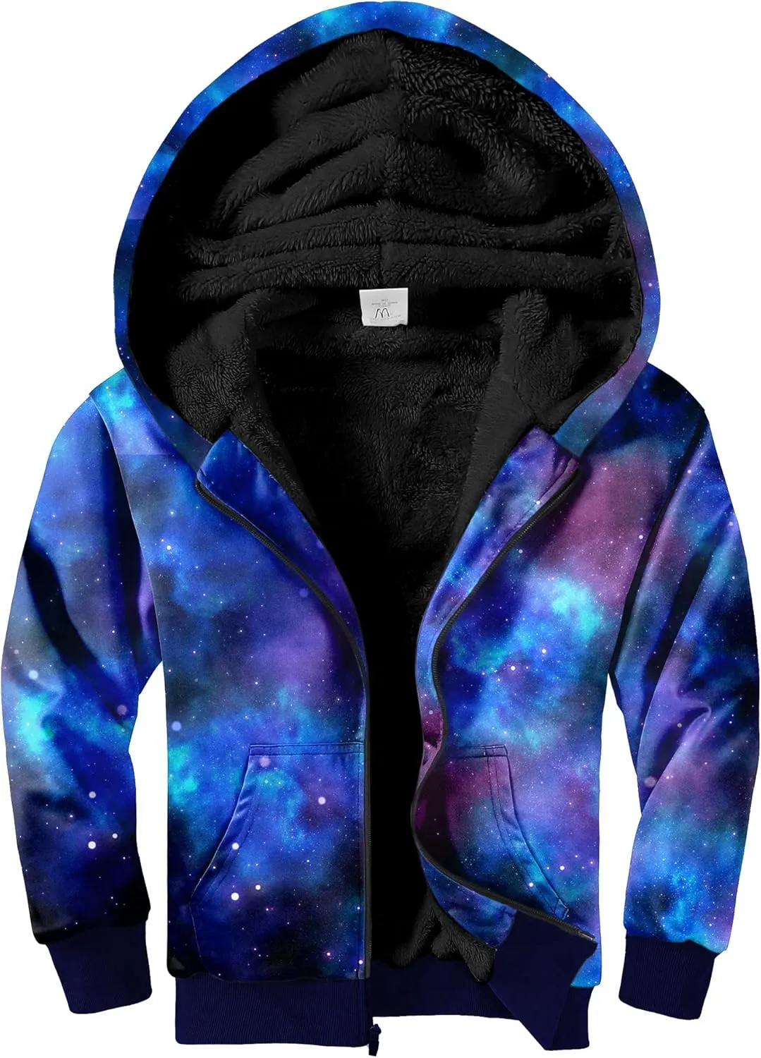 JACKETOWN Kids Fleece Jacket 3D Printed Star Hooded Sweatshirt Full Zipp Up Boys Sherpa Lined Winter Coat 6-15 Years