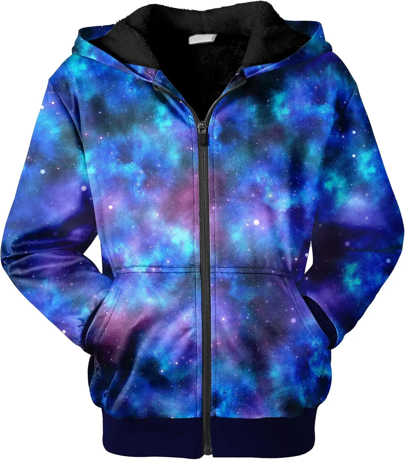 JACKETOWN Kids Fleece Jacket 3D Printed Star Hooded Sweatshirt Full Zipp Up Boys Sherpa Lined Winter Coat 6-15 Years