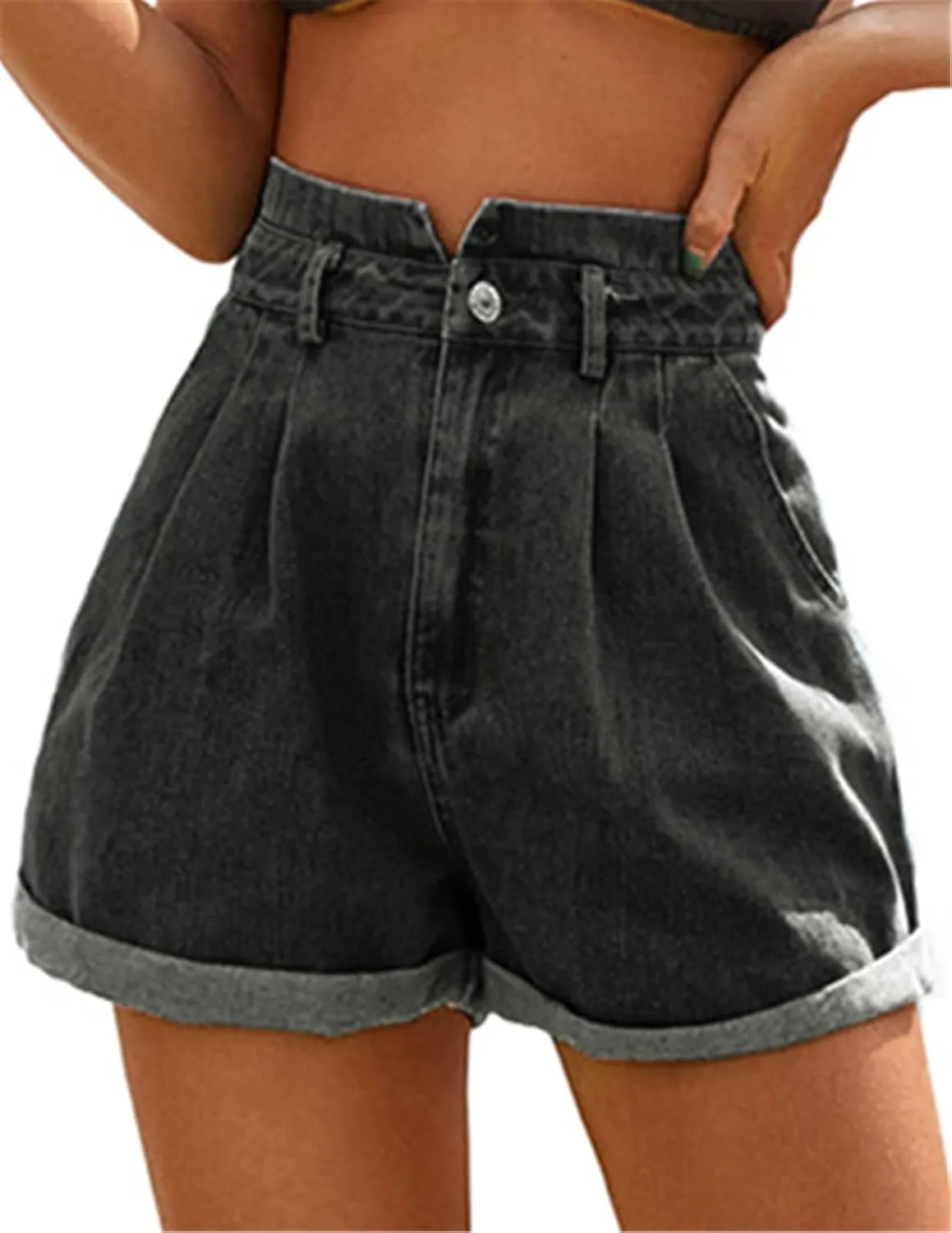 JASAMBAC Women's High Waisted Denim Shorts Rolled Hem Wide Leg Casual Jean Shorts with Pockets